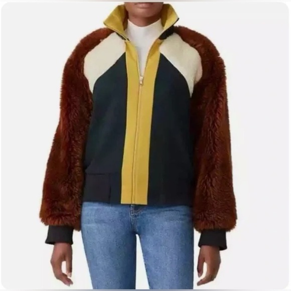 SEA made in New York Colorblock Faux Fur Track Jacket brown/green/cream Sz L - Picture 1 of 10